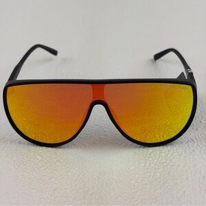 NWT True Religion Shield Sunglasses Black Frame Yellow Orange Mirror Lens Unisex